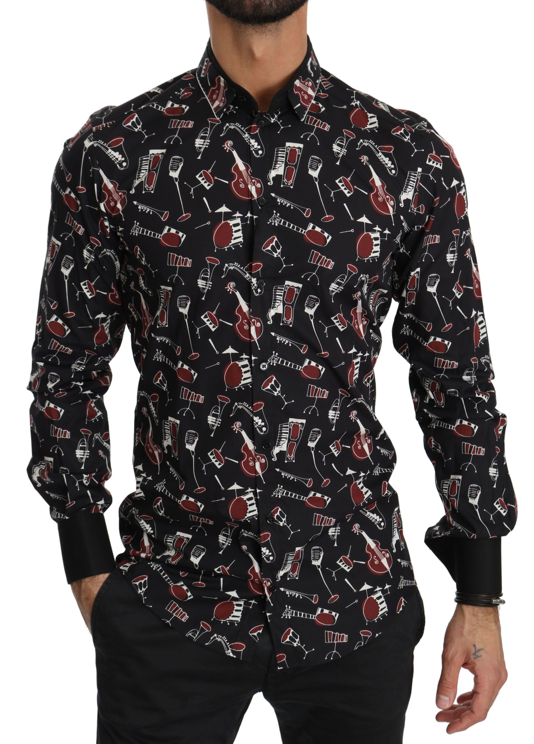 Dolce & Gabbana Elegant black shirt with musical print in cotton silk